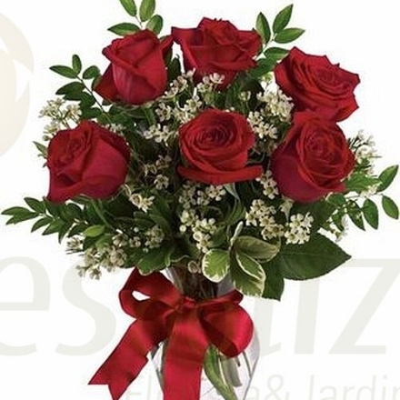 Image de 6 Roses Rouges + Vase - Saint-Valentin
